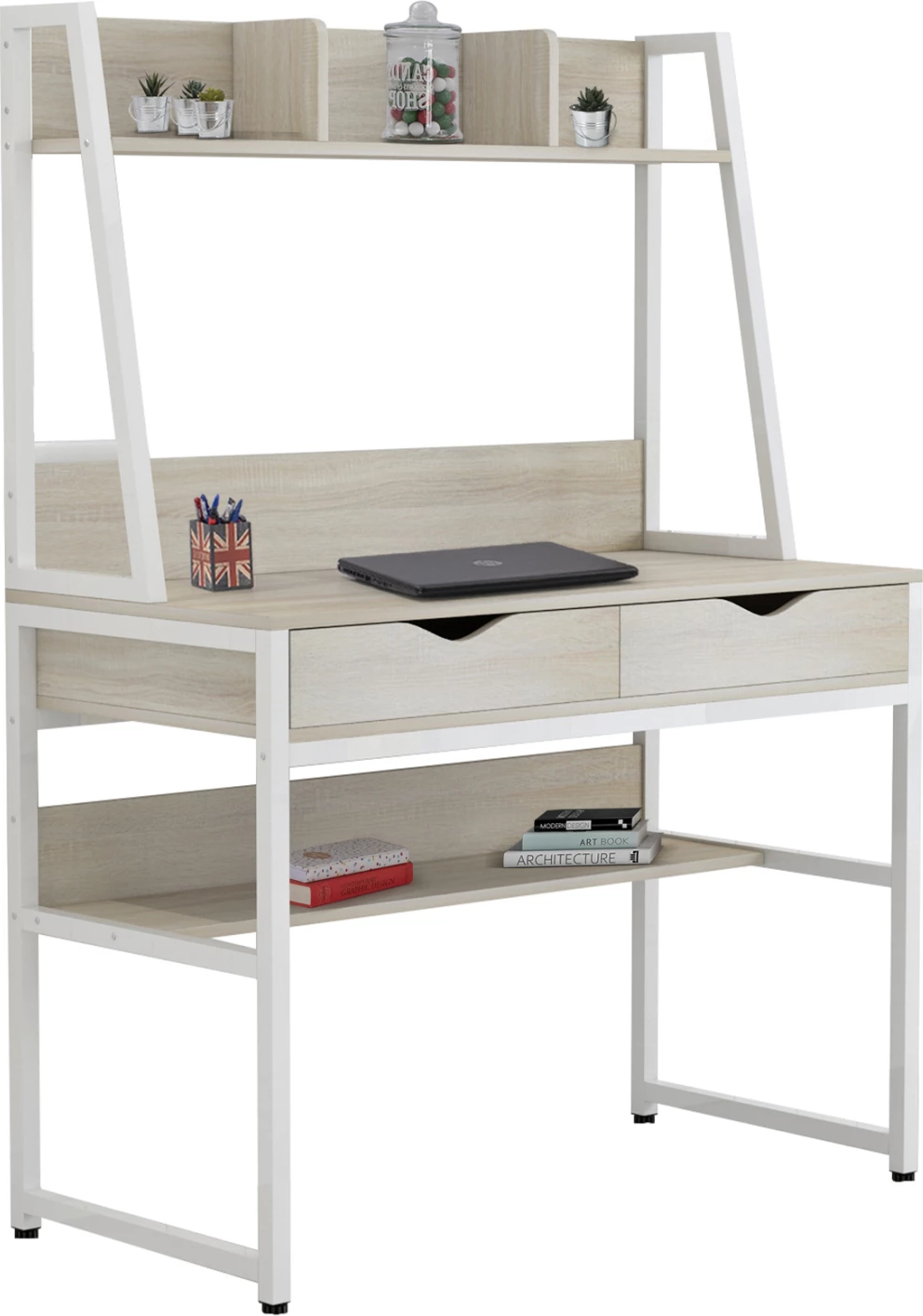 Tavolinë me raft FH2390.13 melaminë në ngjyrë Sonama & kornizë metalike e bardhë 100x48x139H cm