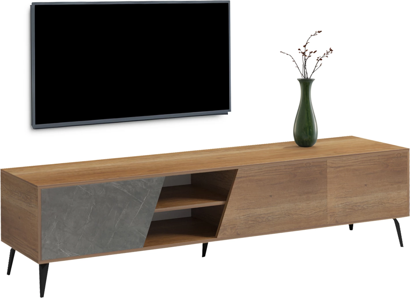 Komodë TV CATERRA, melaminë natyrale-Moore Stone, 180x35.5x48cm