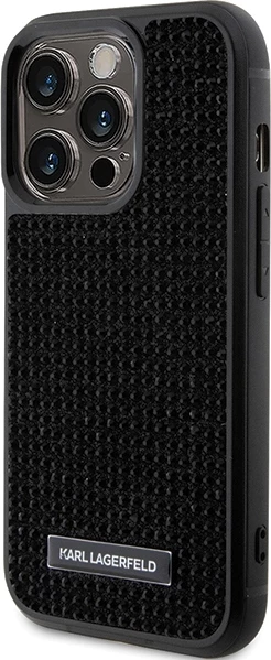 Mbështjellës Karl Lagerfeld Rhinestone Logo Metal Plate për iPhone 15 Pro Max, i zi