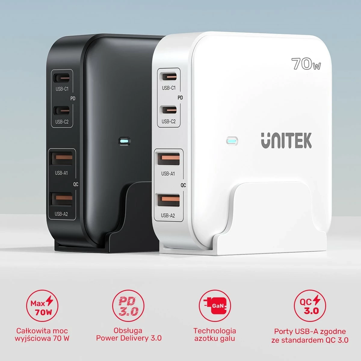 Karikues Unitek GaN 70W 2xUSB-A 2xUSB-C i bardhë