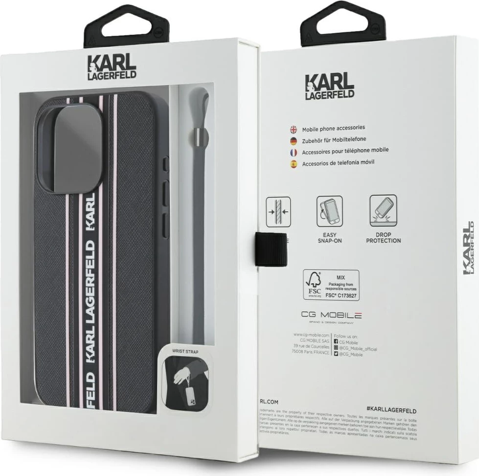 Mbështjellës Karl Lagerfeld Saffiano Athleisure Stripes Cord për iPhone 15 Pro Max, Rozë