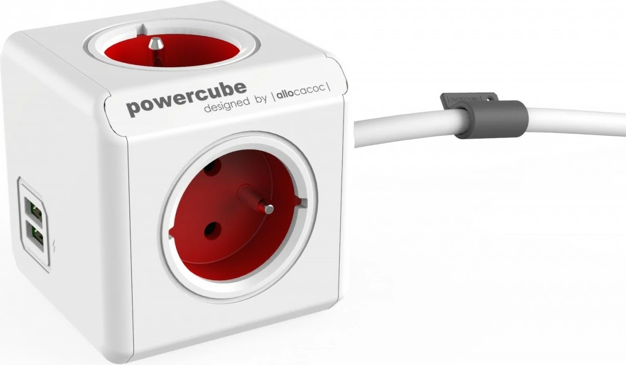 Prizë shumëfunksionale Allocacoc PowerCube Extended USB, 1.5m, 4 dalje, 2 USB, Kuqe/Bardhë