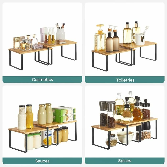 Organizues rafte kuzhine SONGMICS KCS02NW, i zgjatshëm, bambu & metal, 2 copë, zi/natyrale