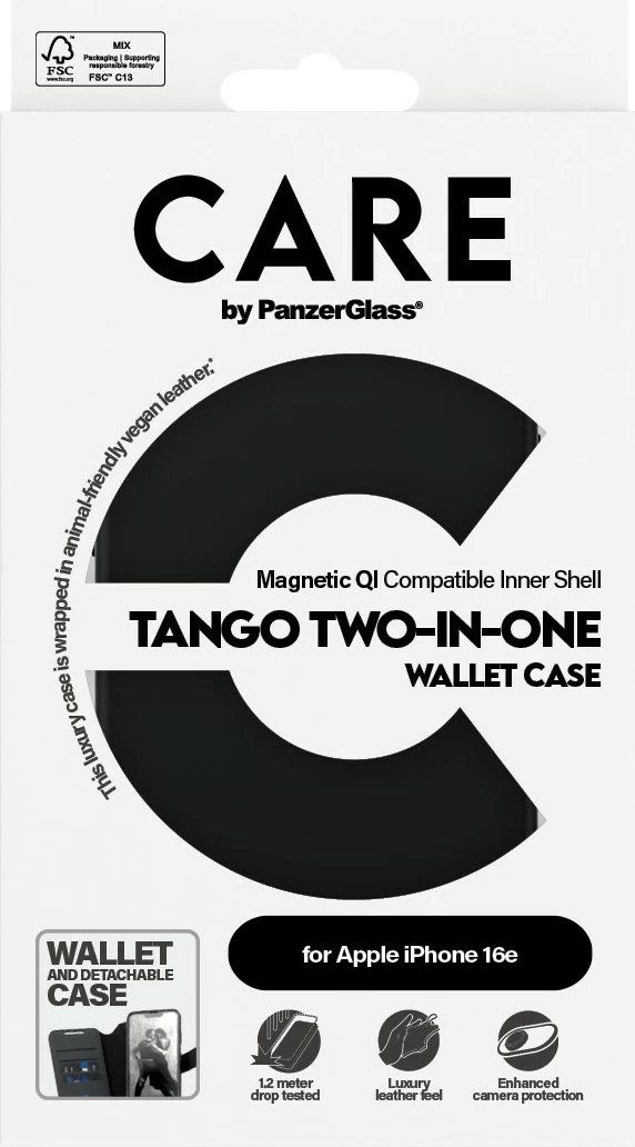 Mbështjellës PanzerGlass CARE Case Feature Tango 2-in-1 Wallet për iPhone 16e, i zi