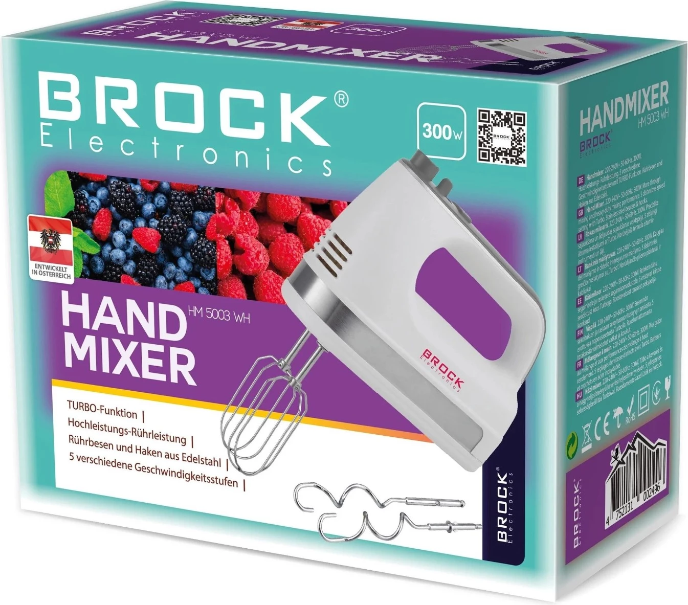 Mikser dore Brock HM 5003 WH 300W, 5 shpejtësi + Turbo, set 4 pjesë, i bardhë