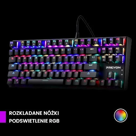 Tastierë mekanike gaming PREYON Blue Blitz Claw PBBC87B, TKL 80%, Gateron Blue, RGB, USB, e zezë, set me keycaps shtesë
