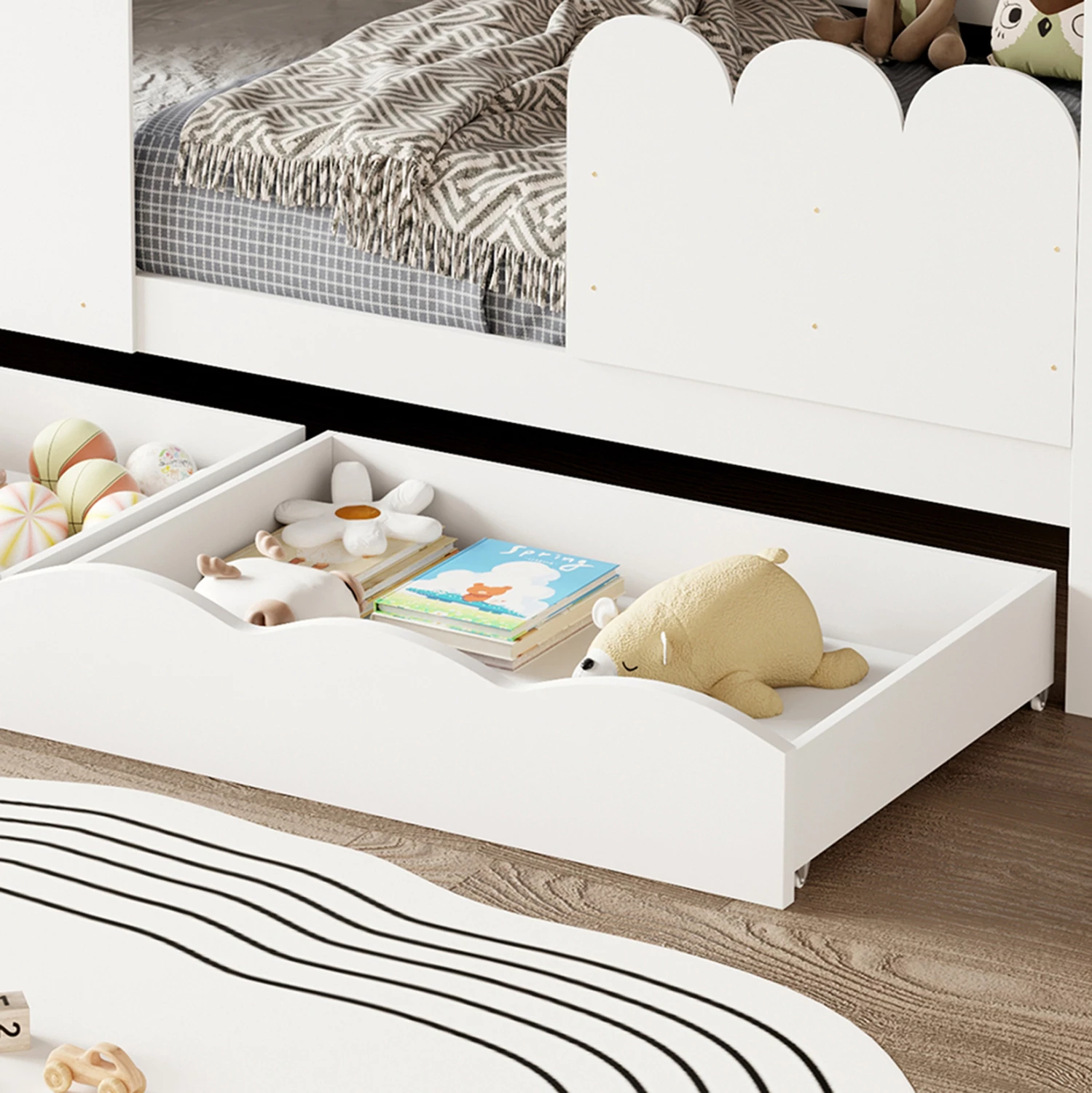 Krevat fëmijësh Montessori me 2 sirtarë DOMER FH710.03, dru pishe, ngjyrë e bardhë, dyshek 90x190cm