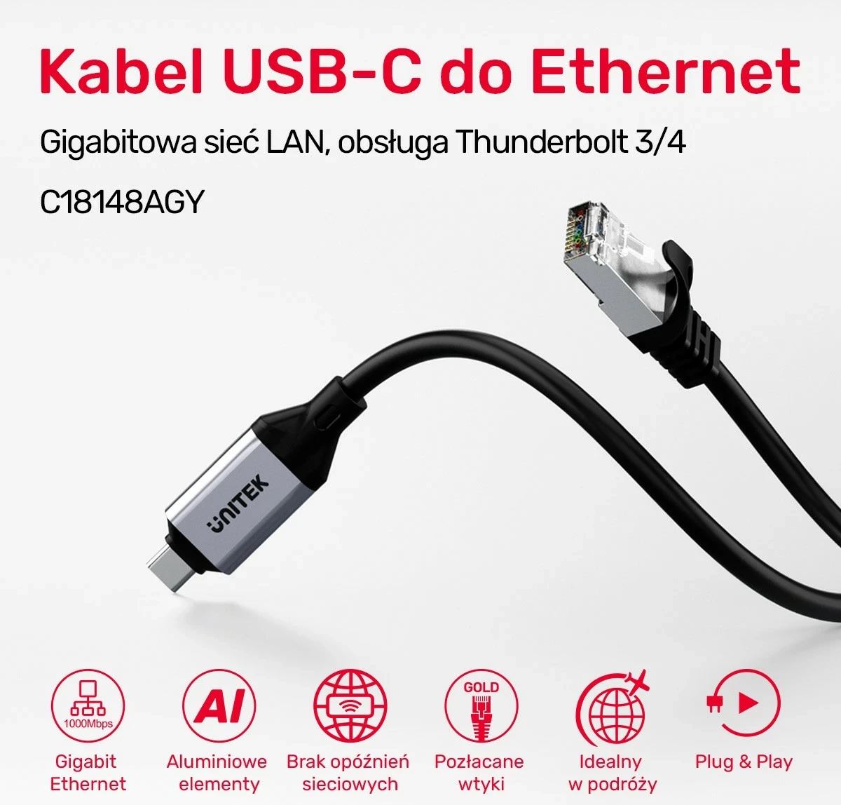 Kabëll Ethernet Unitek USB C RJ-45 LAN, 1m, zi-argjendtë