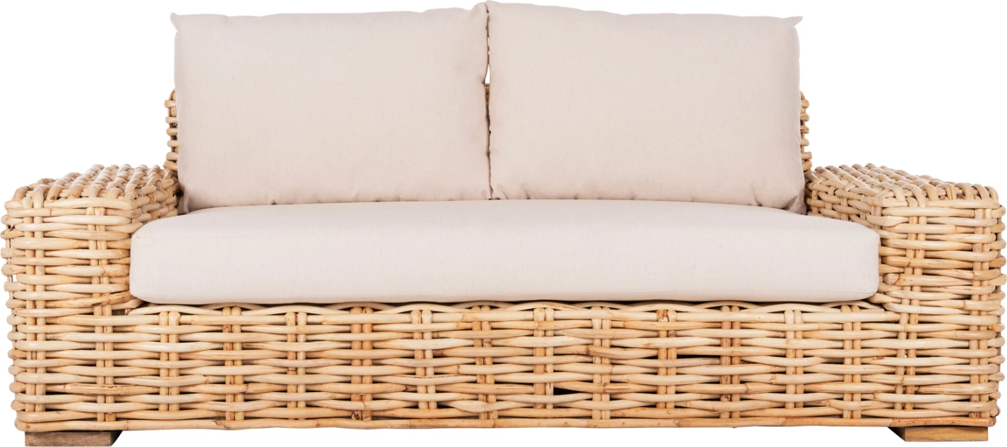 Divan i jashtëm 2-vendësh TROPEL FH9809 dru mango-rattan ngjyrë natyrale-jastëkë të bardhë 192x88x70-85Hcm