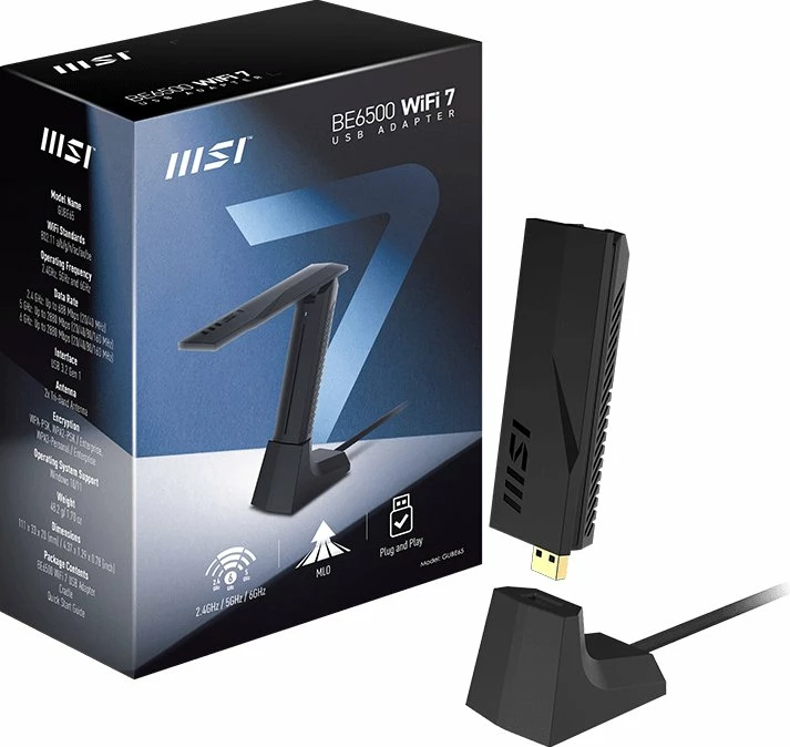 Adapter Wi‑Fi USB MSI BE6500 Wi‑Fi 7, USB 3.0/3.2 Gen 1, deri 6500 Mbps, i zi, set me stand