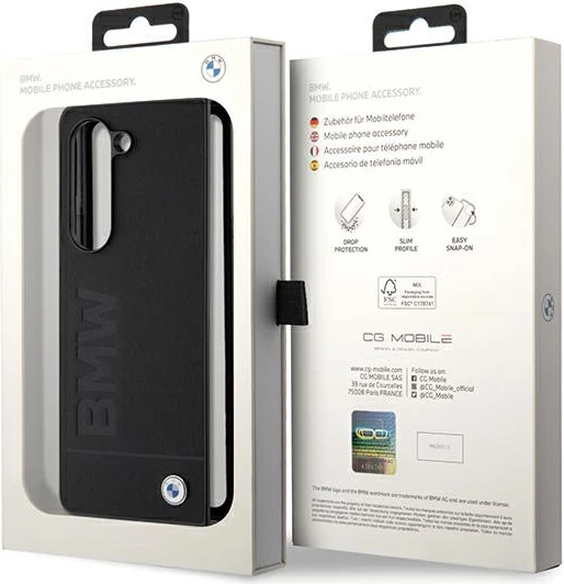 Mbështjellës BMW Leather Hot Stamp për Samsung Galaxy Z Fold 5, i zi