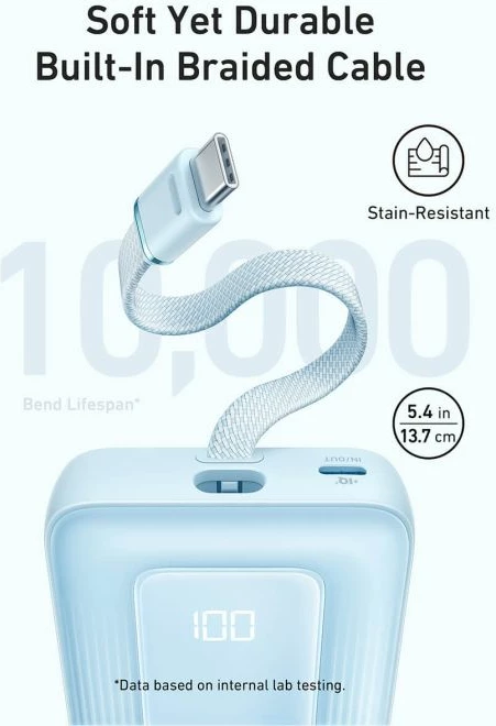 Powerbank Anker Zolo A1688H11 10000 mAh 30W me kabllo USB-C të integrume, e zezë