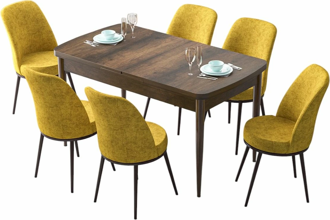 Tavolinë me karrige, zgjatshme, 7 copë, Skye Decor, ngjyrë barok dhe mustard
