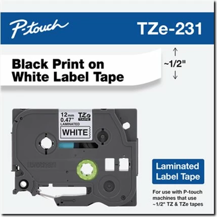 Kasetë etiketuese Brother TZe-231, 12 mm, e zezë mbi të bardhë, 8 m