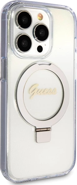 Mbështjellës Guess Ring Stand Script Glitter MagSafe për iPhone 15 Pro, Transparent
