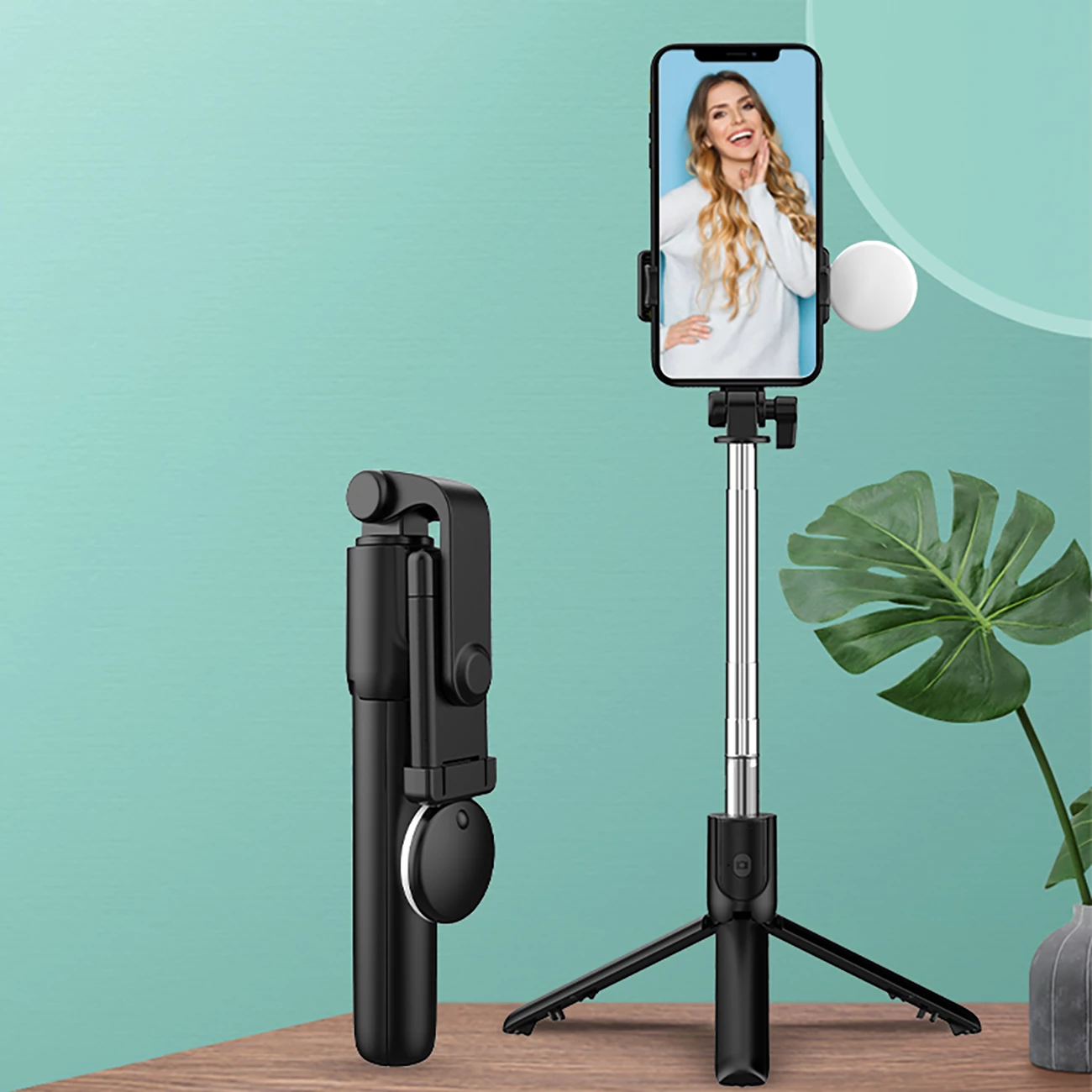 Selfie stick Hurtel WR1YXS me tripod teleskopik, llambë LED, Bluetooth, 71 cm, e zezë