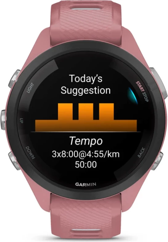 Smartwatch Garmin Forerunner® 265S Black Bezel, Light Pink Case, Light Pink/Dusty Grey Silicone Strap, 42 mm