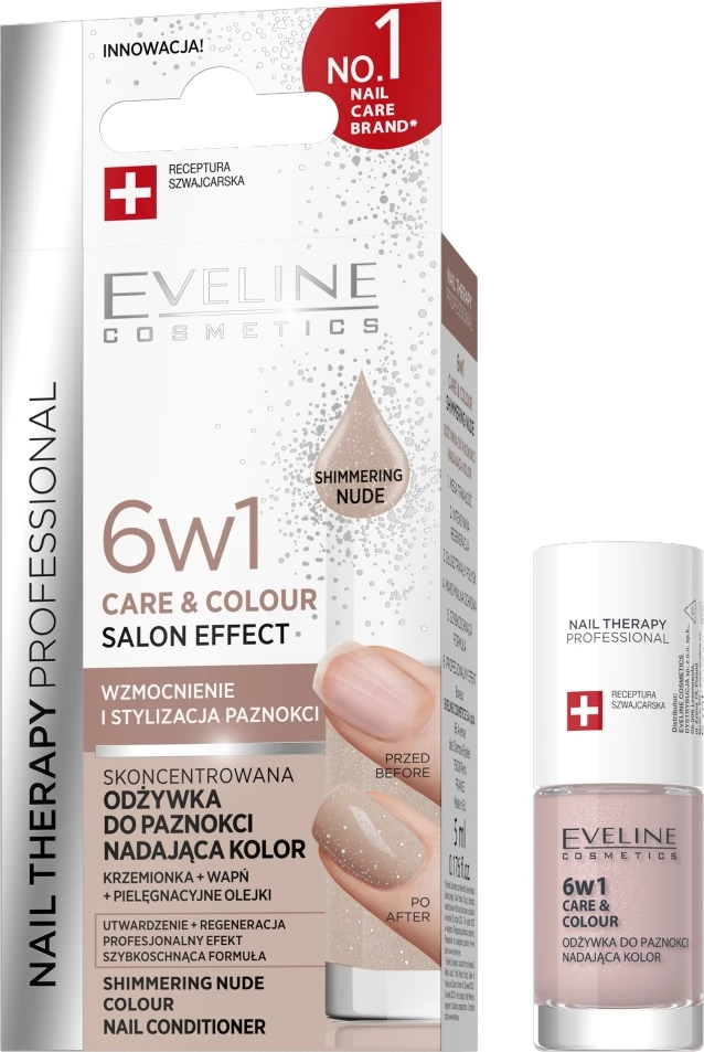 Llak për thonj për femra Eveline Cosmetics Nail Therapy Professional 6w1 Care & Colour Shimmering Nude, 5ml