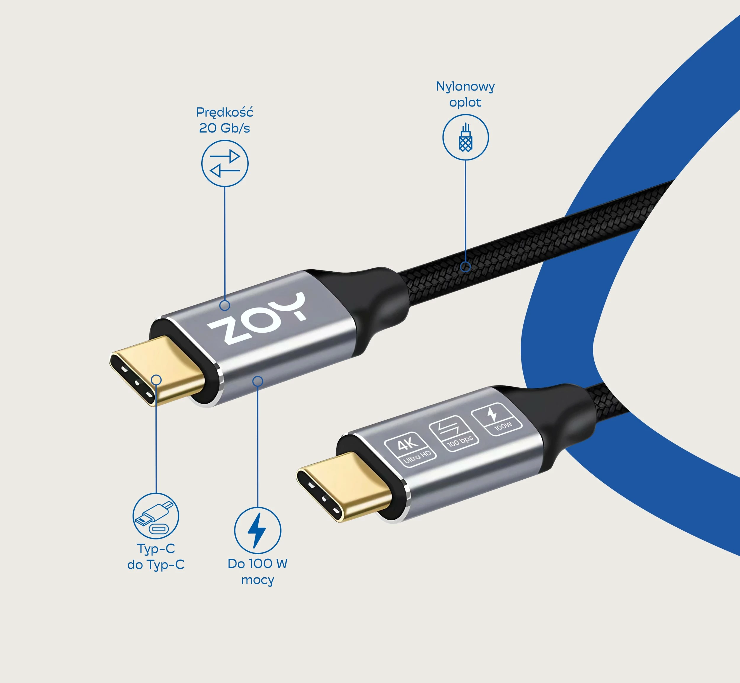 Kabllo USB-C në USB-C ZOY ZCCC1 1m 100W 20Gbps USB 3.2 Gen 2, zi-argjend