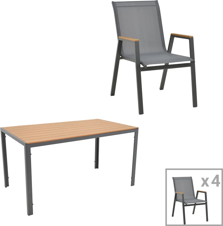 Tavolinë me karrige Nares-Azelie C set prej 5 copash alumini dhe tekstileni me dru natyral 140x80x72.5cm