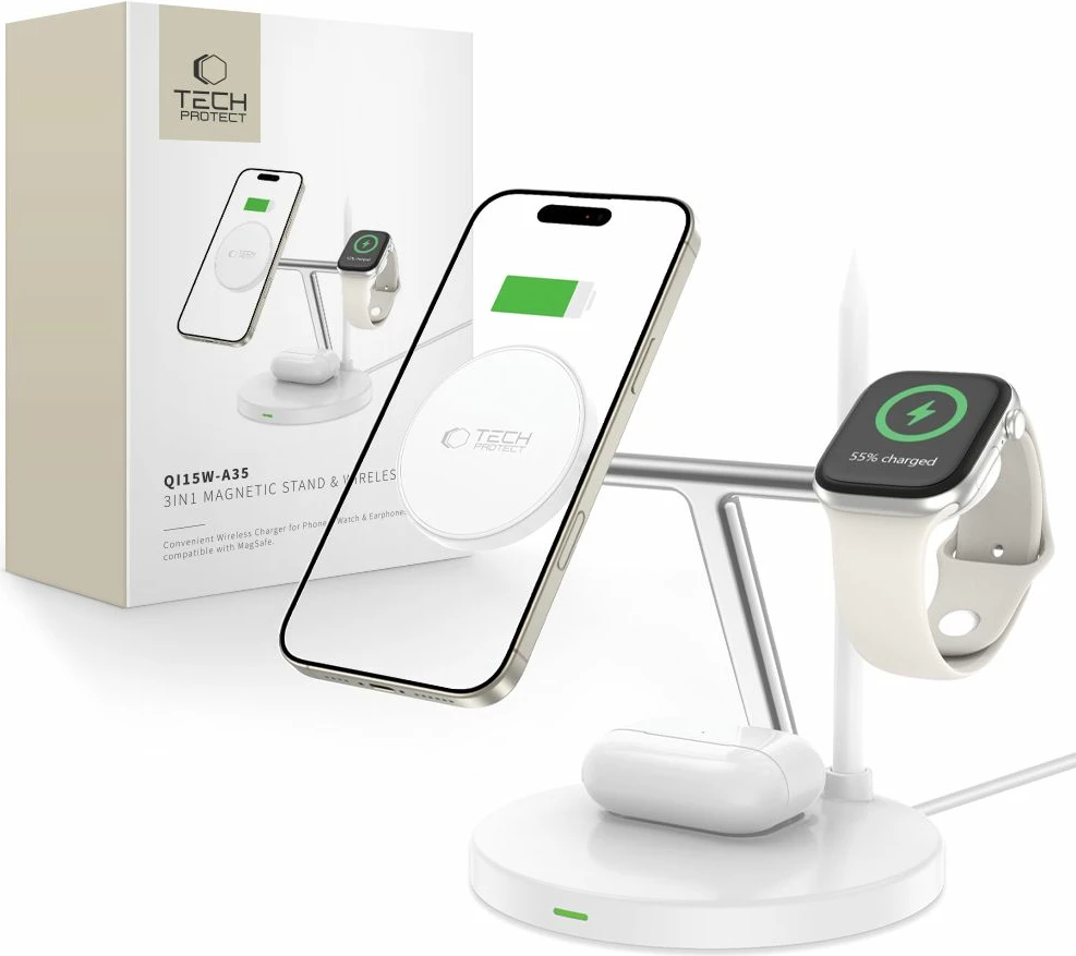 Karikues induktiv 3-në-1 Tech-Protect QI15W-A35 me MagSafe, për iPhone, AirPods, Apple Watch, Bardhë