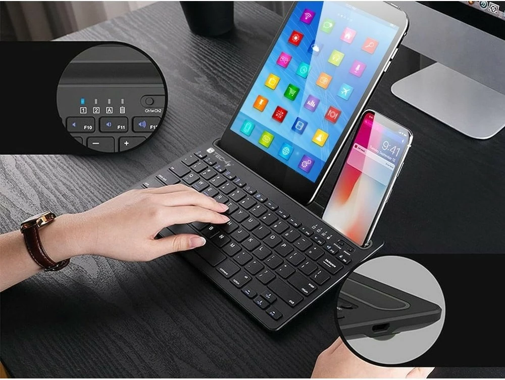 Tastierë Bluetooth Techly ICTBK102U me mbajtëse për tabletë dhe telefon, e zezë