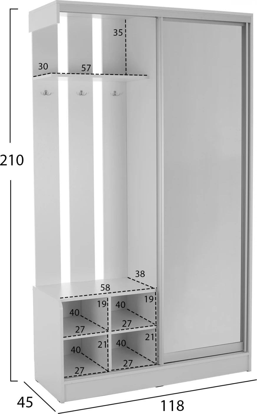 Mobilje për hyrje me dollap rrëshqitës dhe pasqyrë, DULCE, ngjyrë e bardhë, FH2424.03, 118x45x210 cm