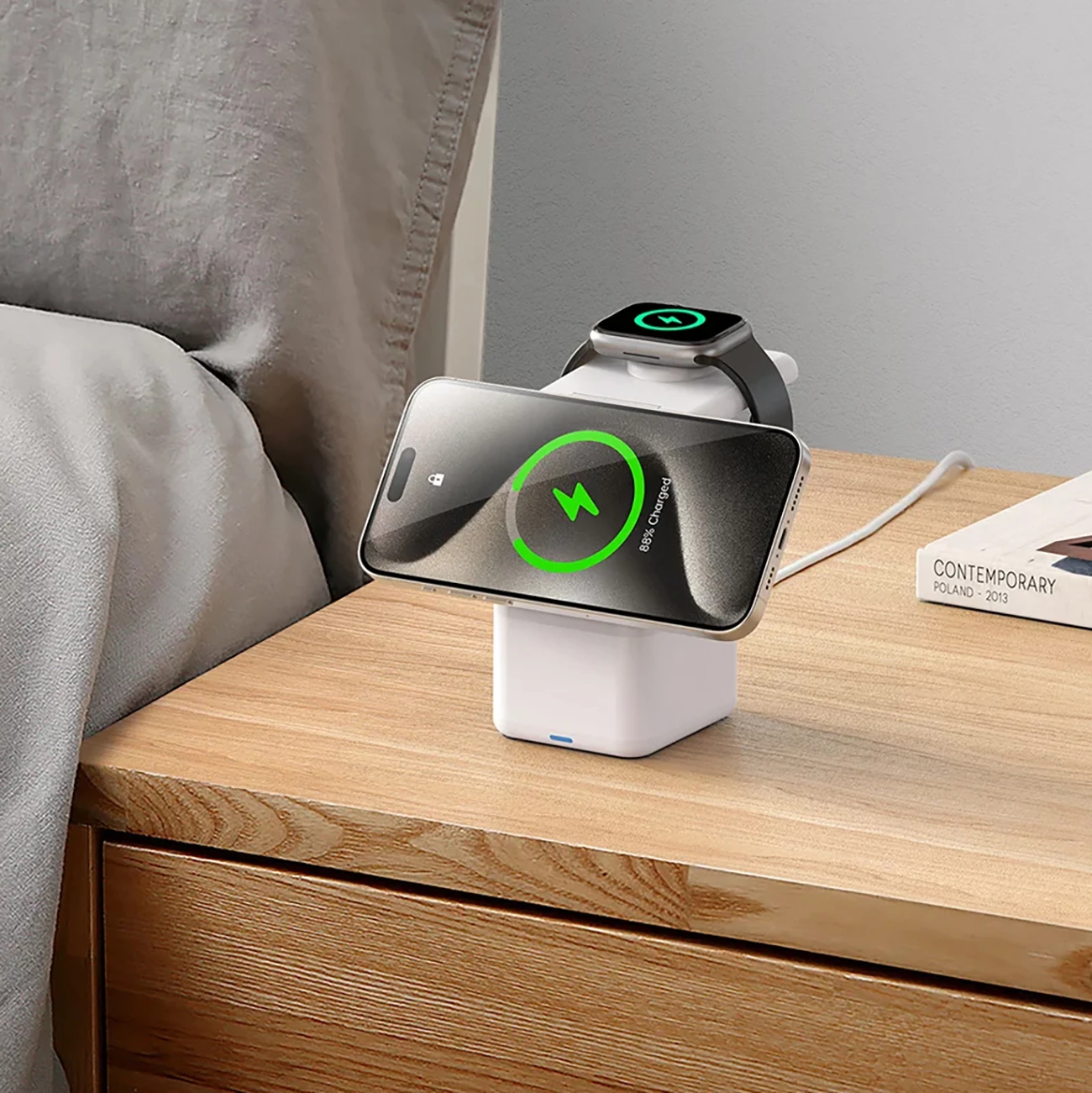 Karikues wireless Duzzona W20 4-në-1 me llambë nate, 15W, për iPhone/Apple Watch/AirPods, Bardhë