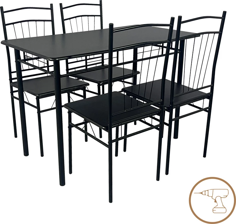 Tavolinë me karrige Roza II, set 5 copë, MDF, këmbë metalike të zeza, 110x60x74cm