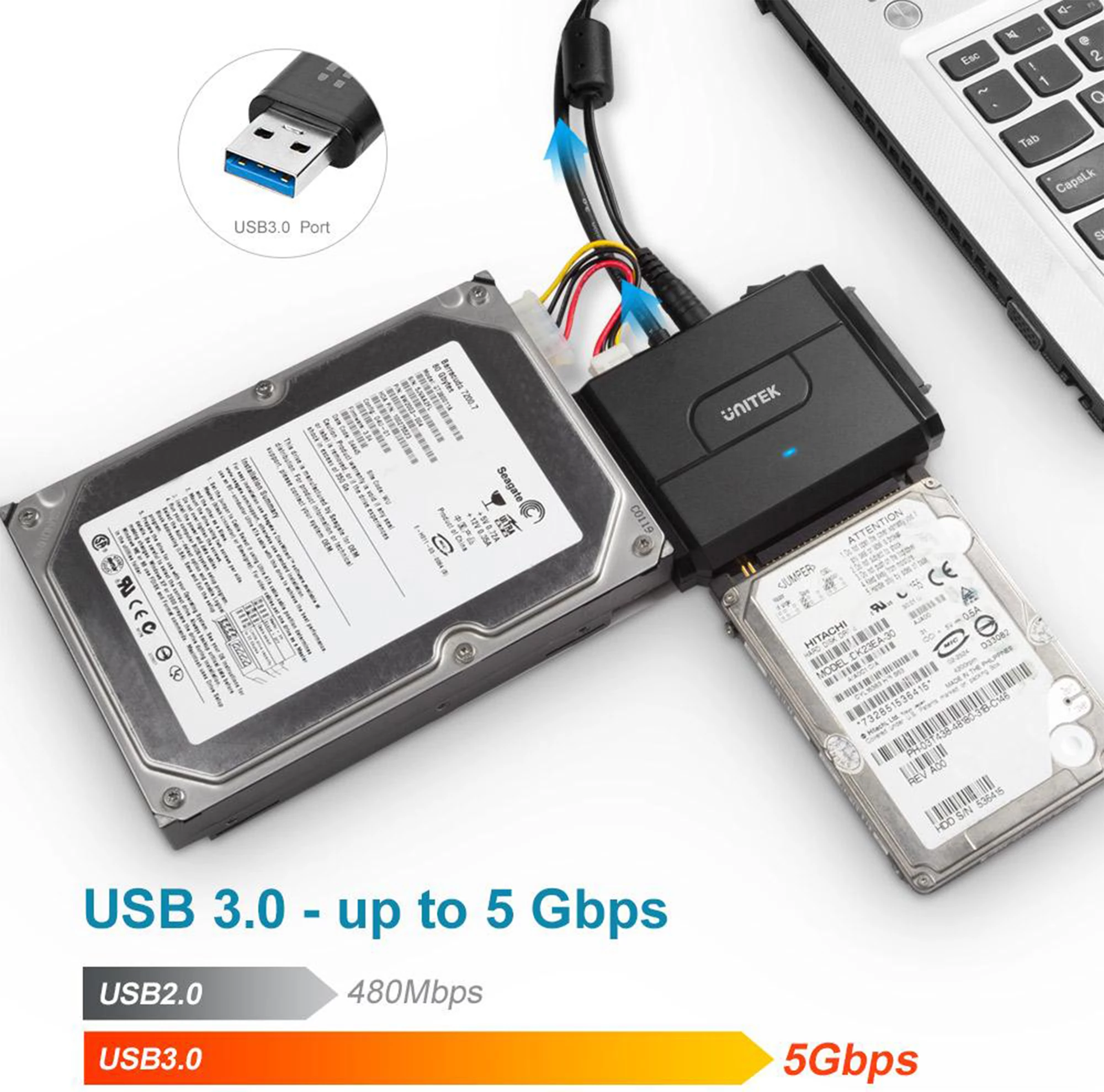 Adapter USB Unitek Y-3324 për IDE/SATA, USB 3.1 Gen 1 5Gbps, i zi, set me kabllo dhe adapter rryme 12V/2A