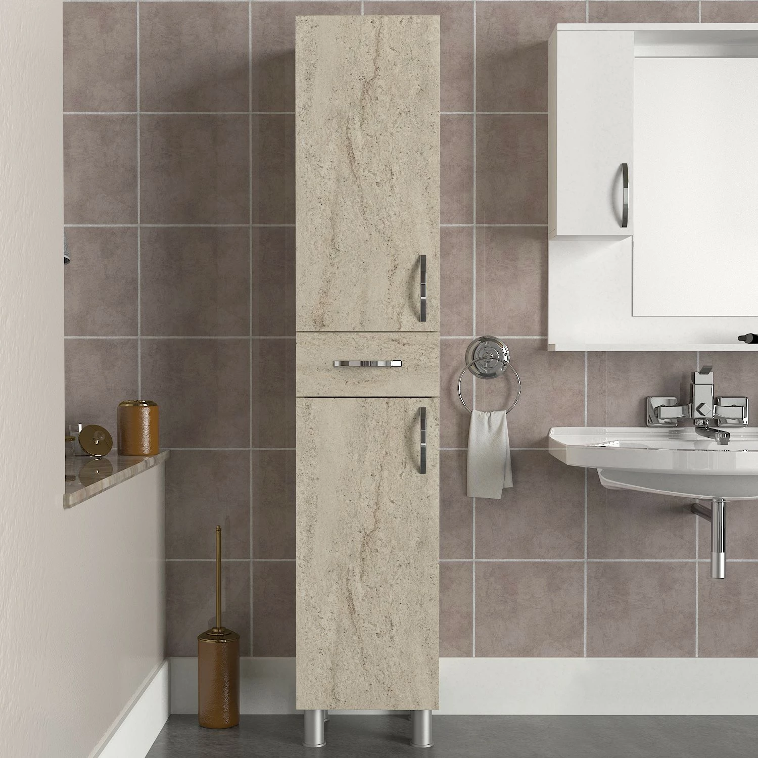 Dollap banjoje Selin, 2 dyer, 1 sirtar, ngjyrë travertin