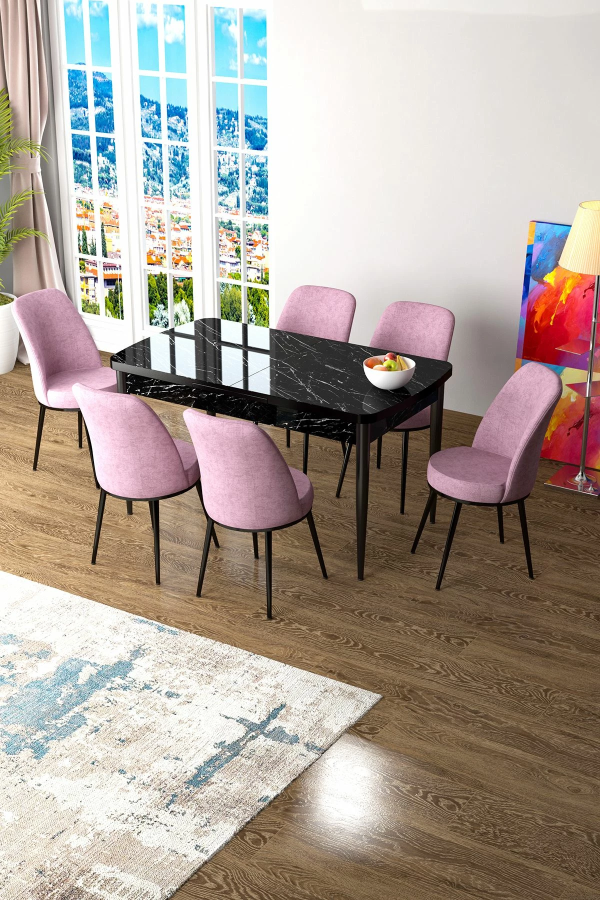 Tavolinë me karrige, zgjatshme, ngjyrë mermeri të zi dhe rozë, 7 copë, Skye Decor, Zen