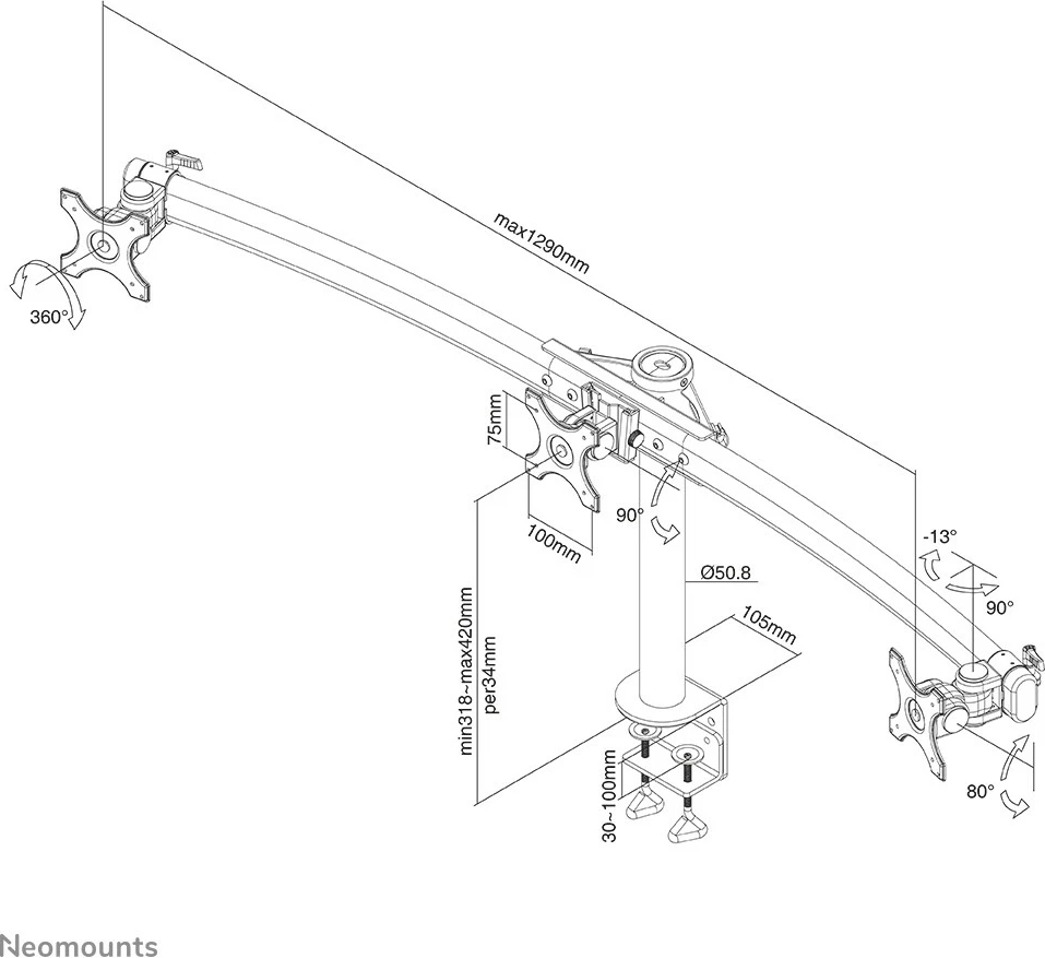 Krah monitori Newstar Neomounts FPMA-D700D3, për 3 monitorë, rregullim lartësie, clamp, e zezë