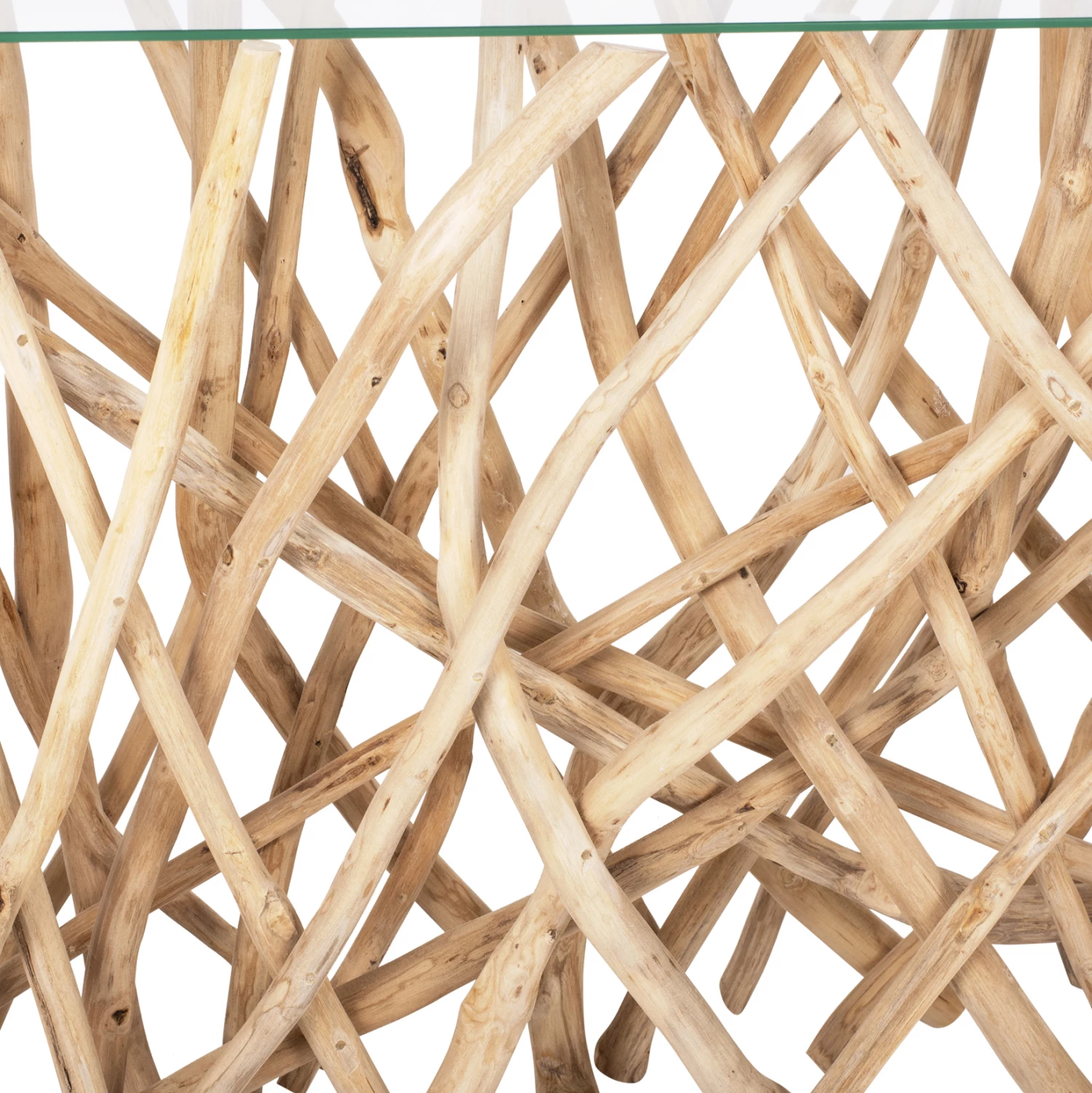 Konsolë në stil rustik, degë teak të ngurta, ngjyrë natyrale & xham, 120x35x75H cm, FH9373