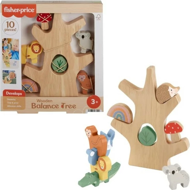 Lodër druri Fisher Price HXT87, pemë balancuese me 9 blloqe, për fëmijë, shumëngjyrëshe