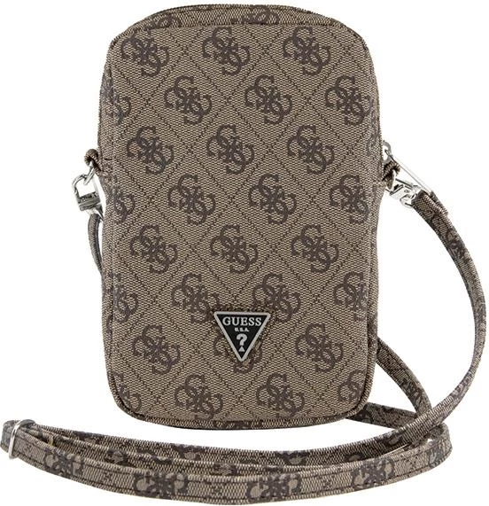 çantë për telefon Guess Zip 4G Triangle, Saffiano teksturë, rrip i rregullueshëm, 1 ndarje, 19x12x3.8 cm, kafe