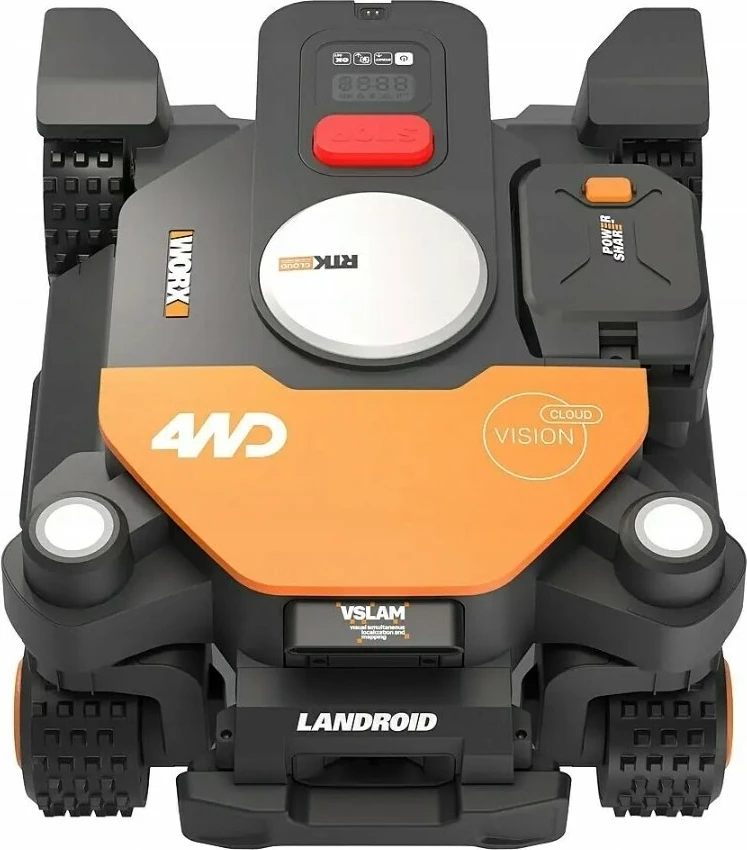 Robot kositës bari Worx Landroid Vision Cloud WR340E, 600 m², 4WD, kamerë stereo, RTK, bateri 20V 4.0Ah, zi/portokalli