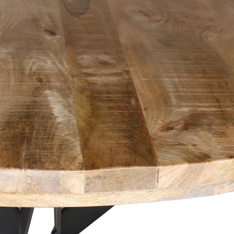 Tavolinë e rrumbullakët Bocco dru mango natyral 3cm me këmbë metalike të zeza D120x77cm