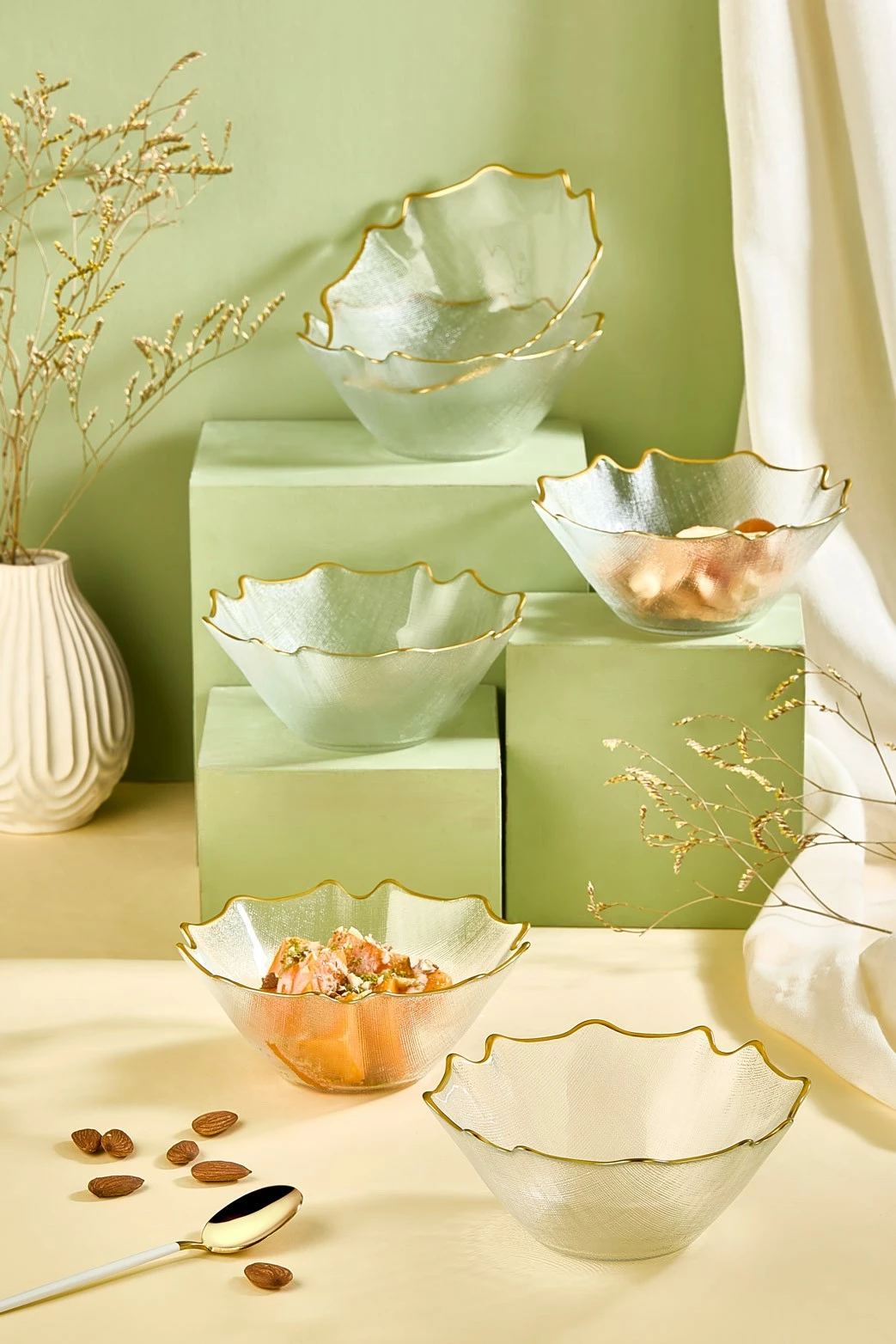 Set tasash qelqi, 6 copë, Hermia Bloom, transparent, buzë ari