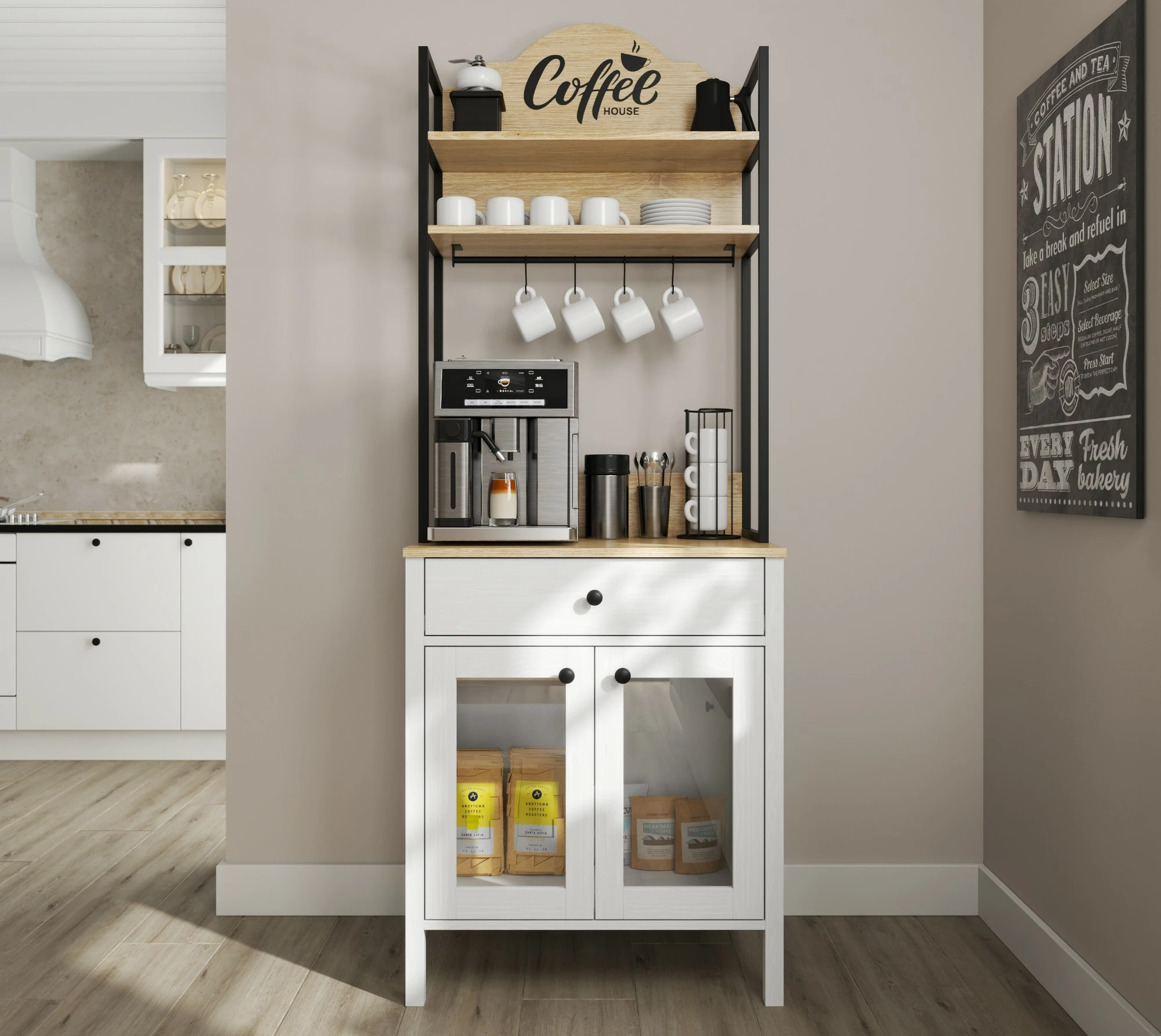 Dollap për kafe, ngjyrë druri dhe e bardhë, Hanah Home, FRN-20076