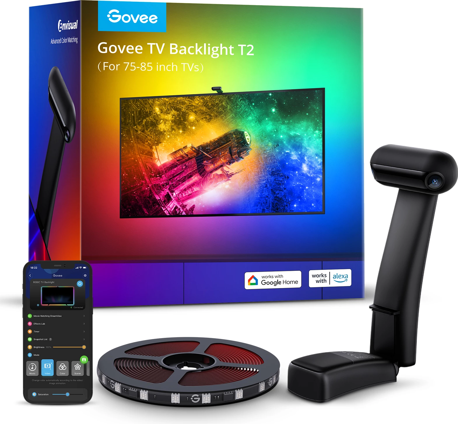 Ndriçim prapa TV Govee Envisual TV Backlight T2, për 75-85\", RGB, set me kamerë