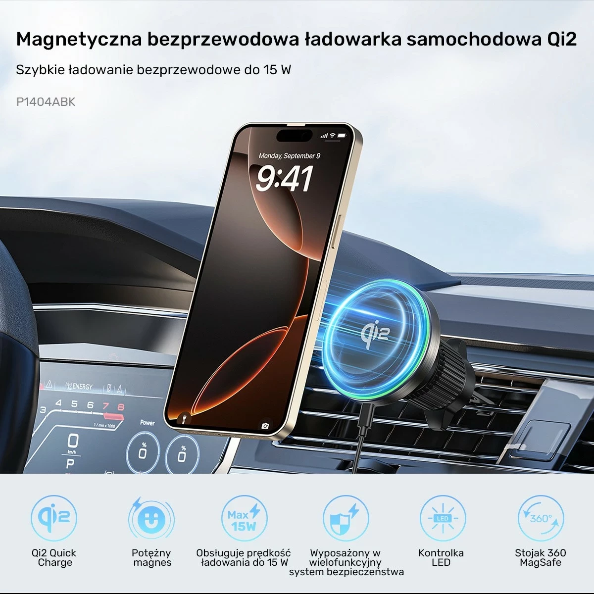 Mbajtës veture Unitek 38W Qi2, karikues wireless, USB Type C, i zi