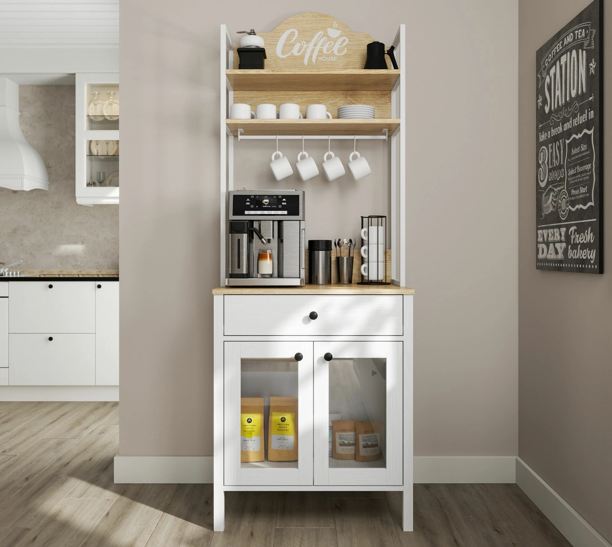 Kabinë për kafe, ngjyrë druri dhe e bardhë, Hanah Home, FRN-20076-1