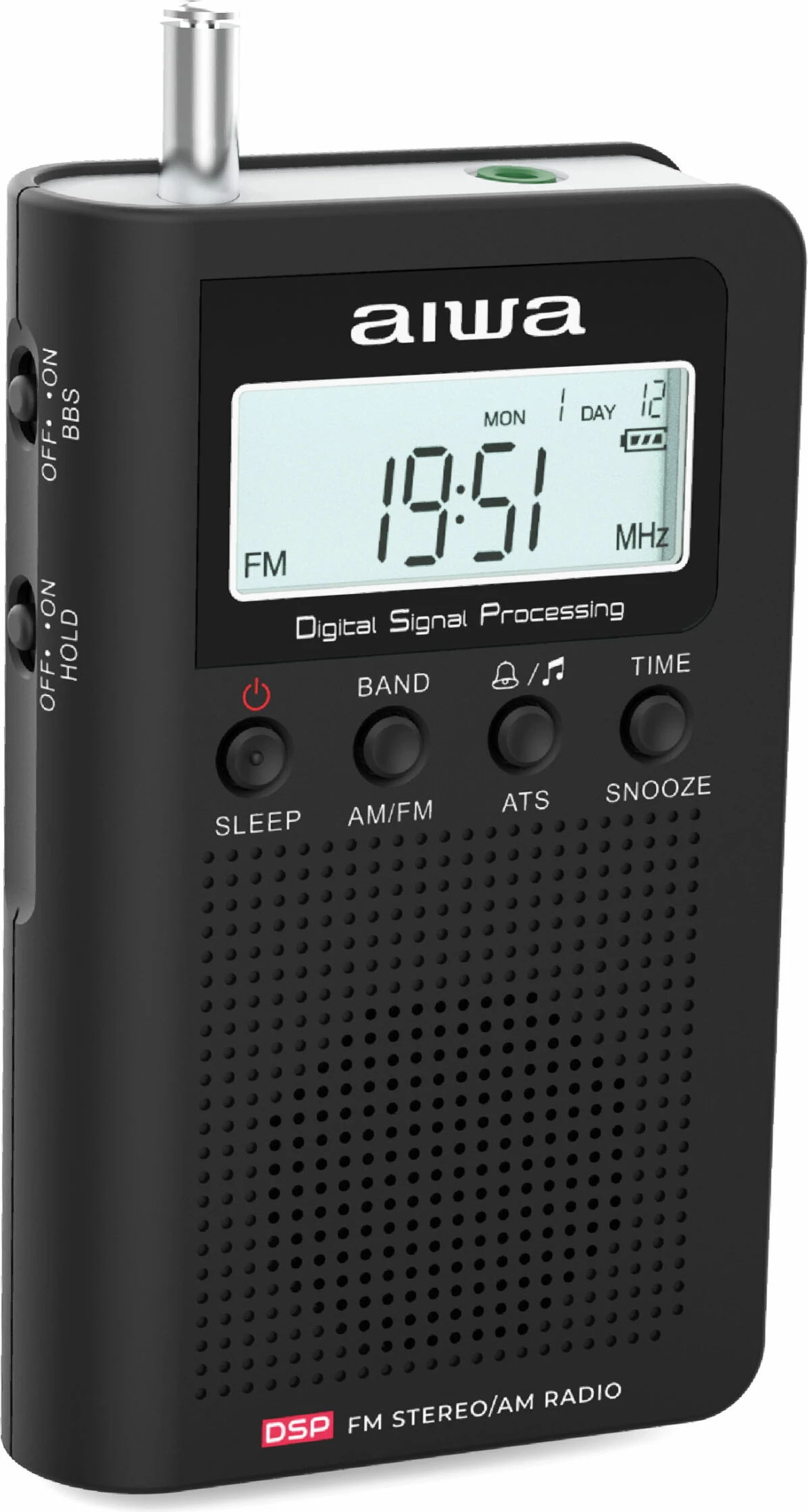 Radio portative Aiwa RSD-45/BK AM/FM stereo me DSP, alarm, LCD me ndriçim, me Kufje + 3x AAA, e zezë