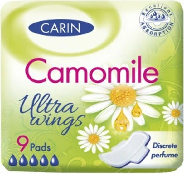 Peceta higjienike ultra të holla me krahë Carin Ultra Wings Chamomile 9 copë