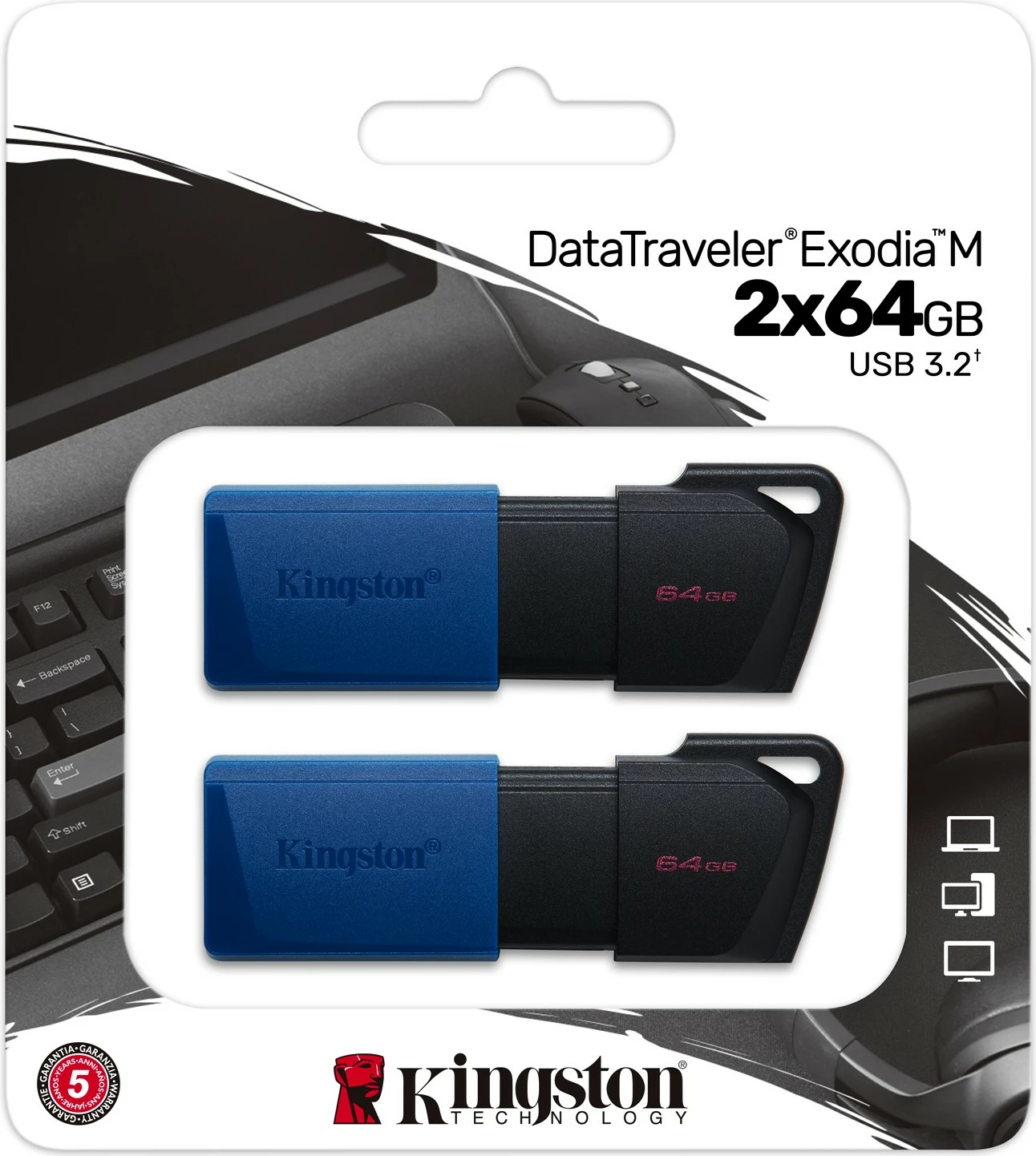 USB Kingston DataTraveler Exodia M, 64GB, USB 3.2 Gen 1, 2 copë, zi + kaltër