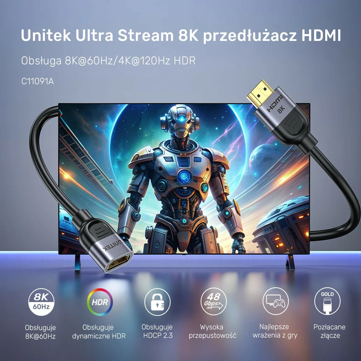 Zgjatës HDMI Unitek 2.1, 8K 1m, ngjyrë argjend e zezë
