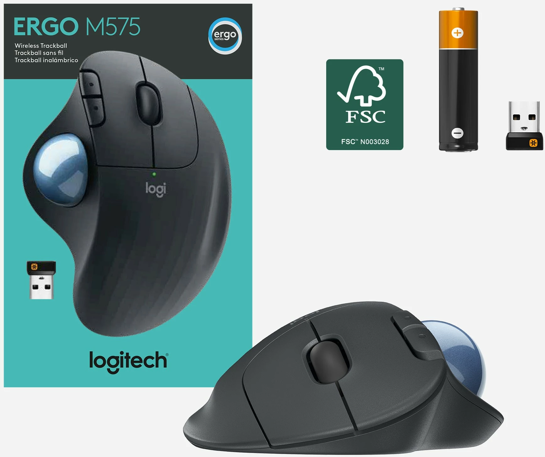 Maus Logitech ERGO M575 Wireless Trackball, 2000 DPI, Grafit