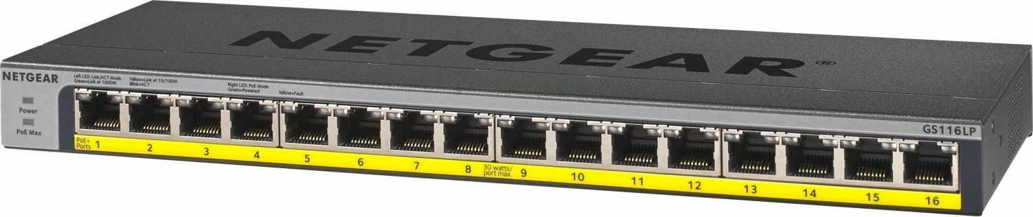 Switch Netgear GS116LP-100EUS, 16 porte Gigabit, PoE+, rackmount, i zi