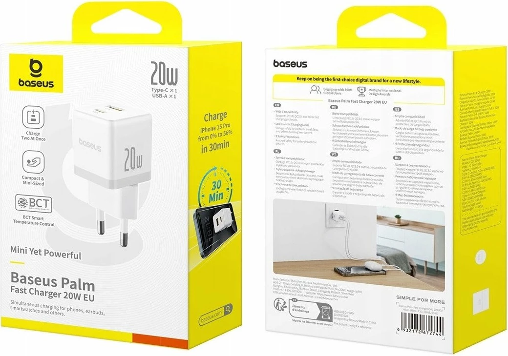 Karikues rrjeti Baseus Palm BSU9054 20W PD3.0/QC3.0 1x USB-A 1x USB-C 3A, i bardhë